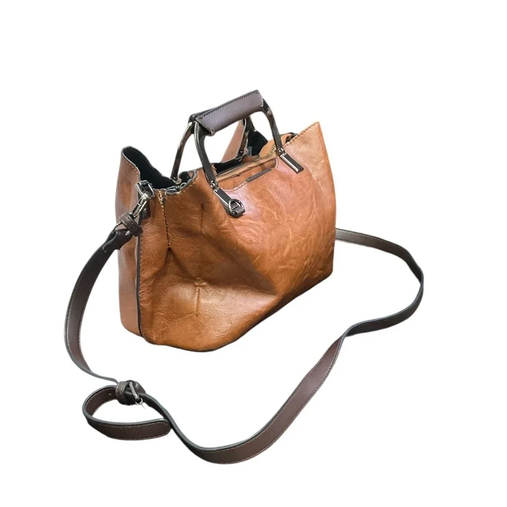 Rofozzi Cognac Brown Vegan Leather Satchel Crossbody Bag Floral Lining‎ Gunmetal